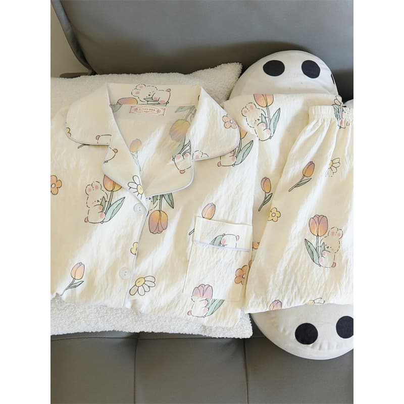Bonito tulipa coelho pijamas meninas primavera outono estilo fino puro algodão gaze de manga comprida verão doce Homewea