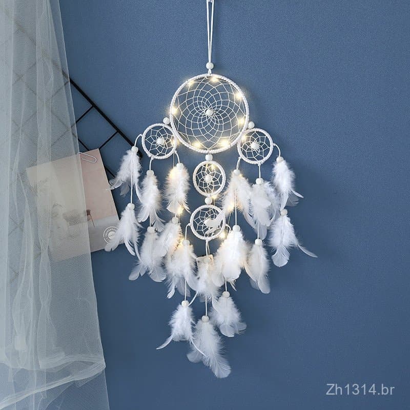 Novo pendente de sino de vento com cinco anéis e penas, presente criativo, decoração de sino de vento para casa em estil