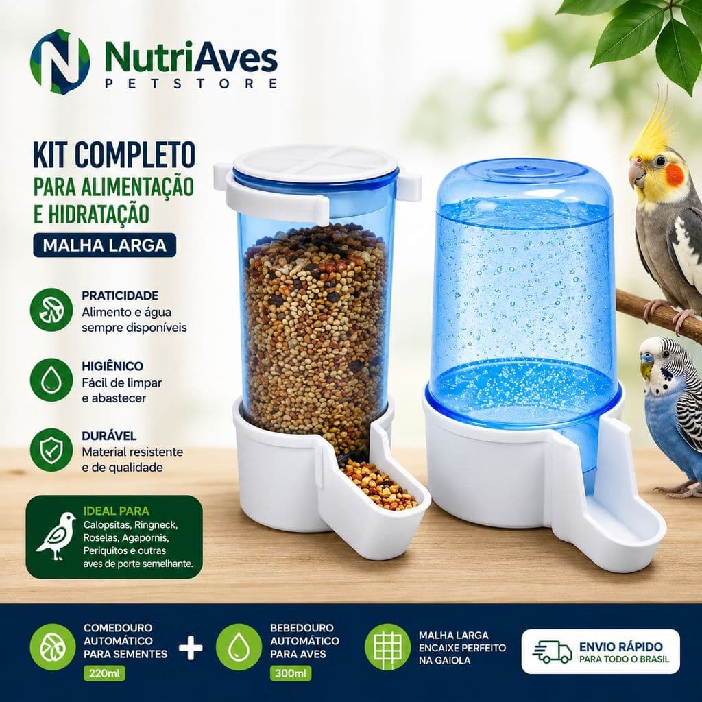 Kit Comedouro Automático de Sementes 220ml + Bebedouro Automático 300ml - Aves e Calopsitas