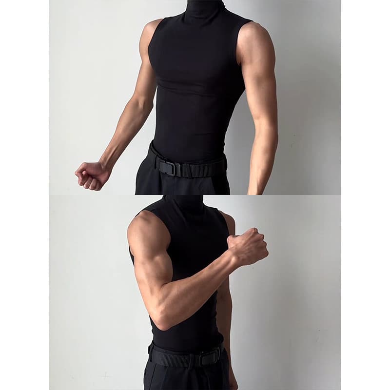 Tensão Sexual preto gola alta sem mangas colete masculino verão estiramento fino ajuste muscular Fitness esportes camise
