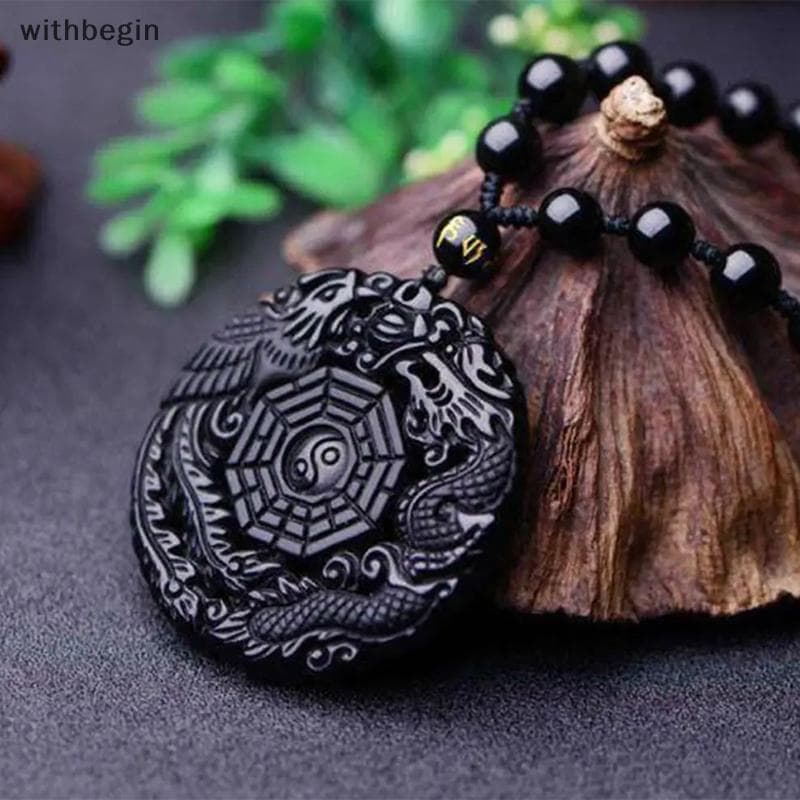 WIT Natural Bla Obsidiana Mão Esculpida Dragão Chinês Phoenix Pássaro BaGua Nelace Para Mulheres Homens Lu Mascote Pinge