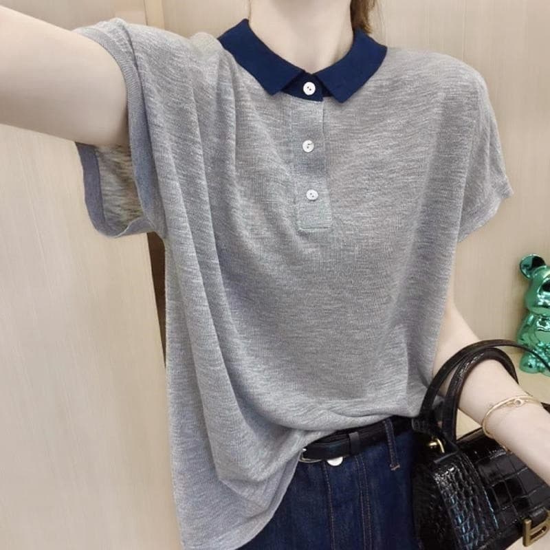 Ombro genuíno de manga curta camiseta feminina verão novo estilo solto estilo fino gelo seda listrado topo All-Match cam