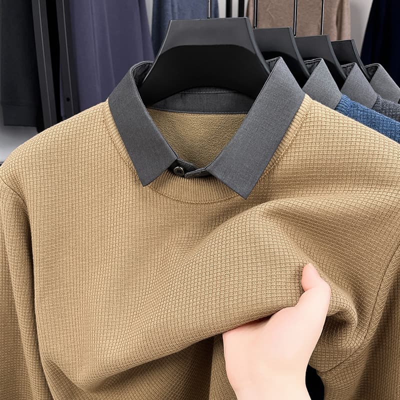 Outono inverno férias de duas peças Benming ano camisola pai usar camisa gola de malha vermelho fundo forro de lã engros