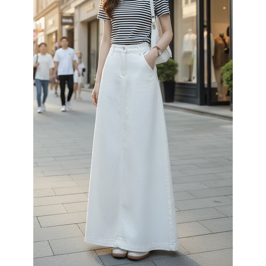 Saia jeans Off-White feminina 2026 verão cintura alta mais magro olhar borda crua comprimento médio Hip-embalado a linha