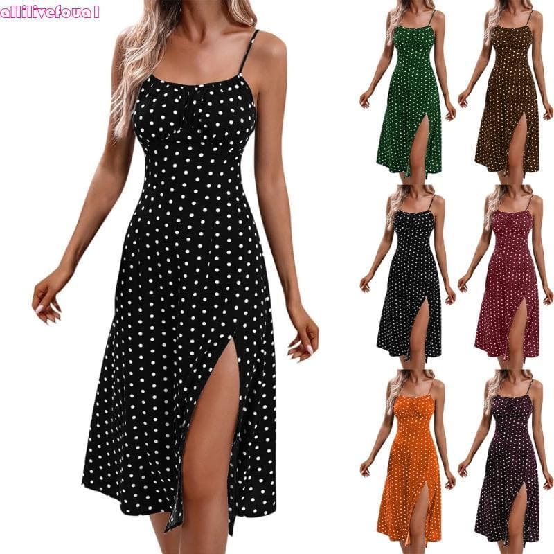 allilivefoua1 Vestidos Femininos Bolinhas Alças Finas, Praia, Férias, Verão Fenda Causal, Vestido