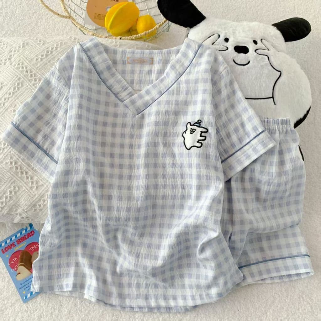 Shorts De Manga Curta De Algodão Nuvem Com Decote Em V Pijama De Duas Peças Soft Pijamas Para Mulher