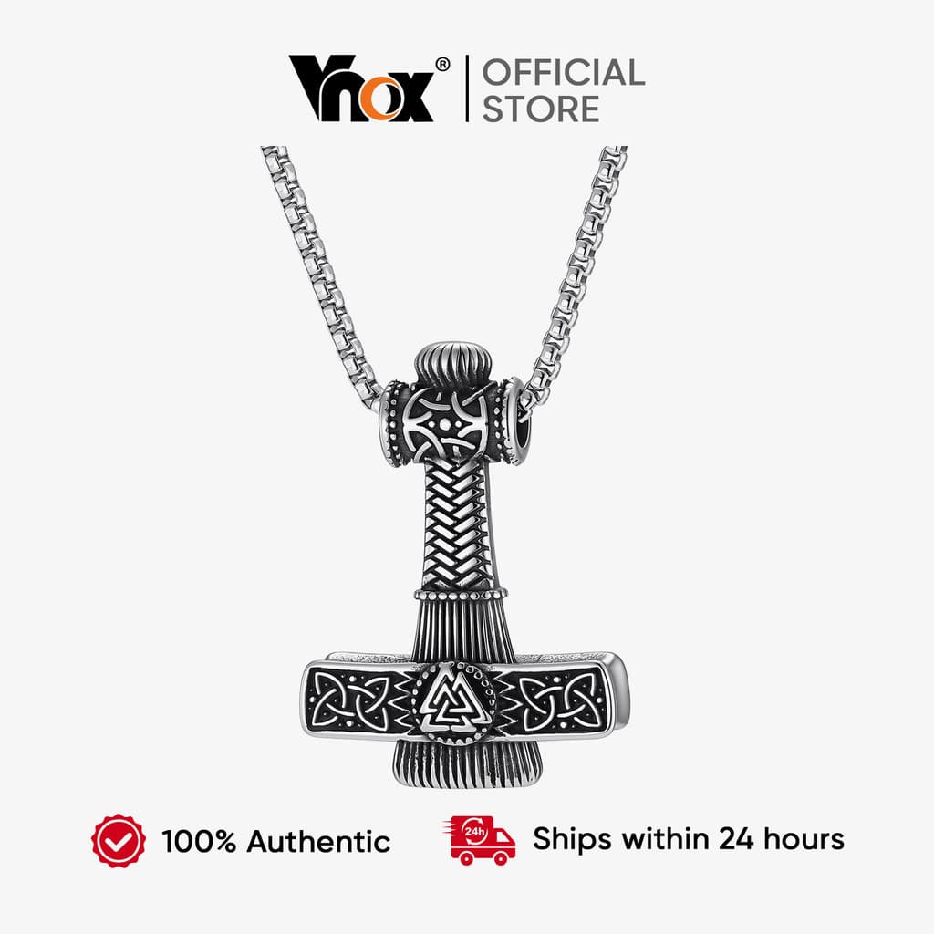 Vnox Masculino Viking Thor Martelo Pingente Colar Nórdico Valknut Gravado Aço Inoxidável Vintage