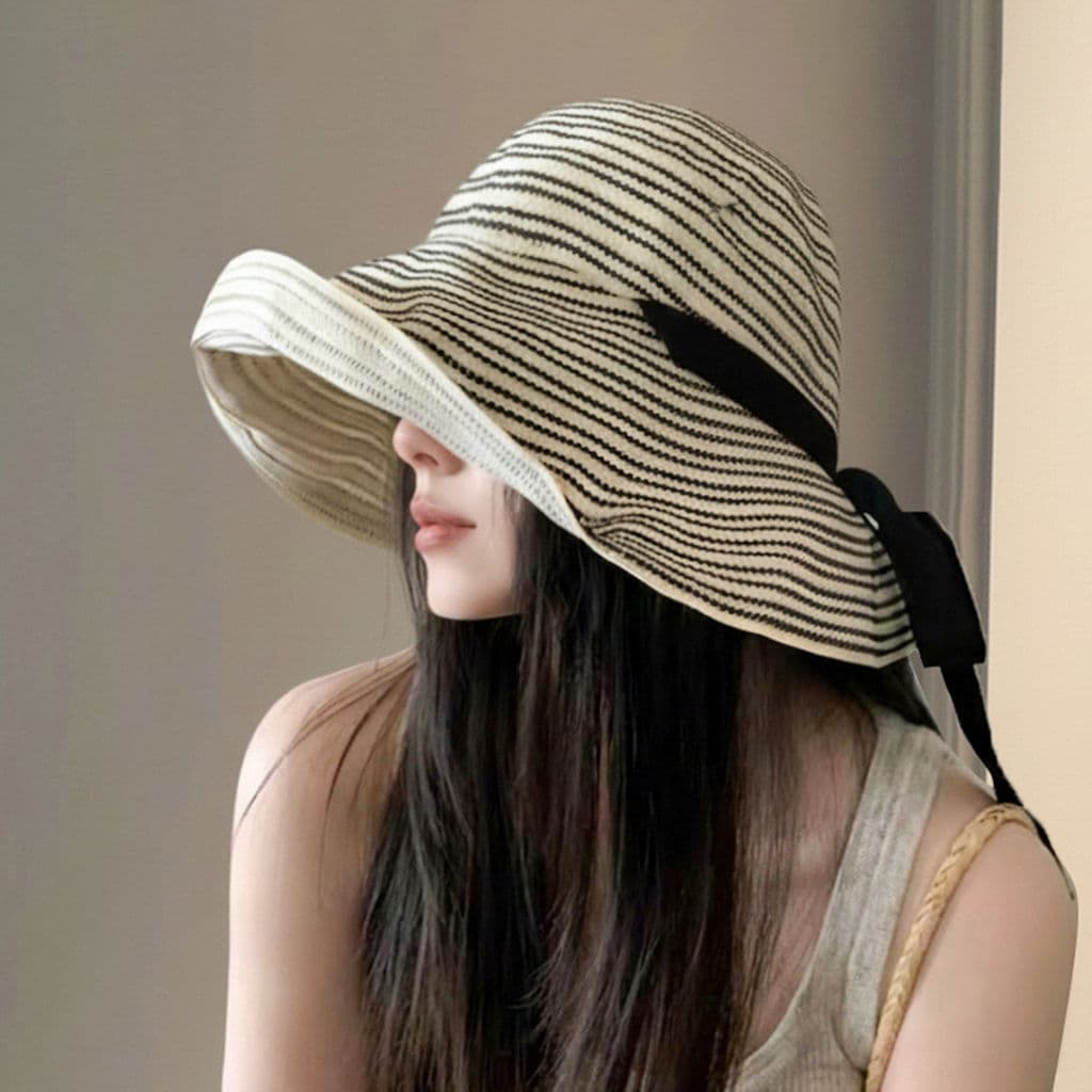 Chapéu balde listrado All-Match feminino 2026 novo estilo verão estilo fino respirável chapéu de sol rosto cheio proteto