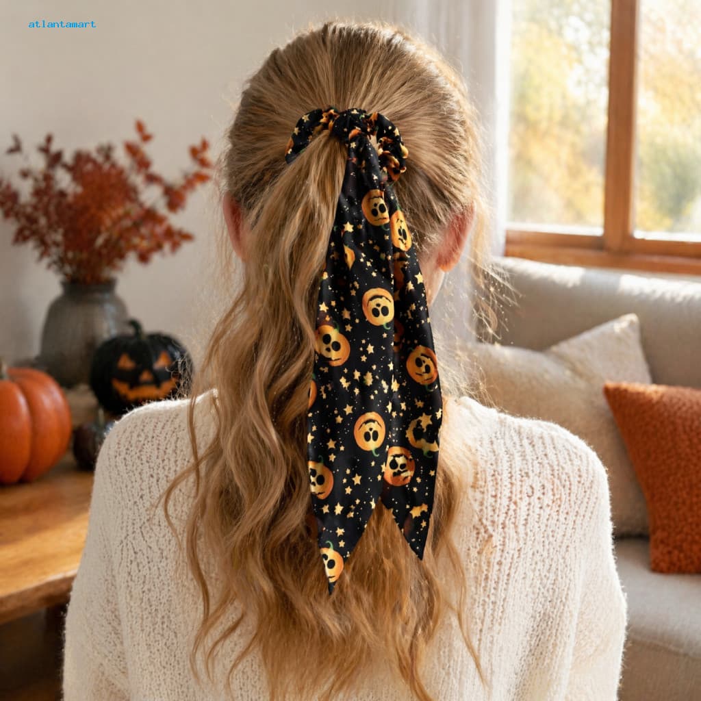 Atl Scrunchie De Fita De Halloween , Laço De Cabelo Com Anel De Intestino Grosso , Acessório Macio De Cetim Sedoso Para