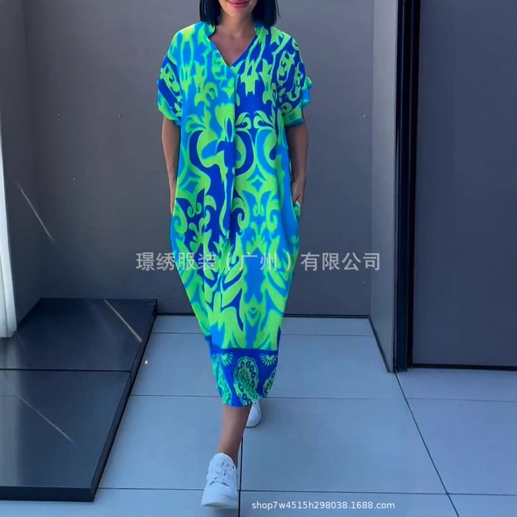 Cross-Border feminino de manga curta novo estilo com decote em V simples impresso saia Casual vestido solto