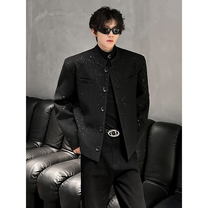 High-End almofadas de ombro terno curto jaqueta masculina primavera outono prata Material de lã rufião bonito gola alta