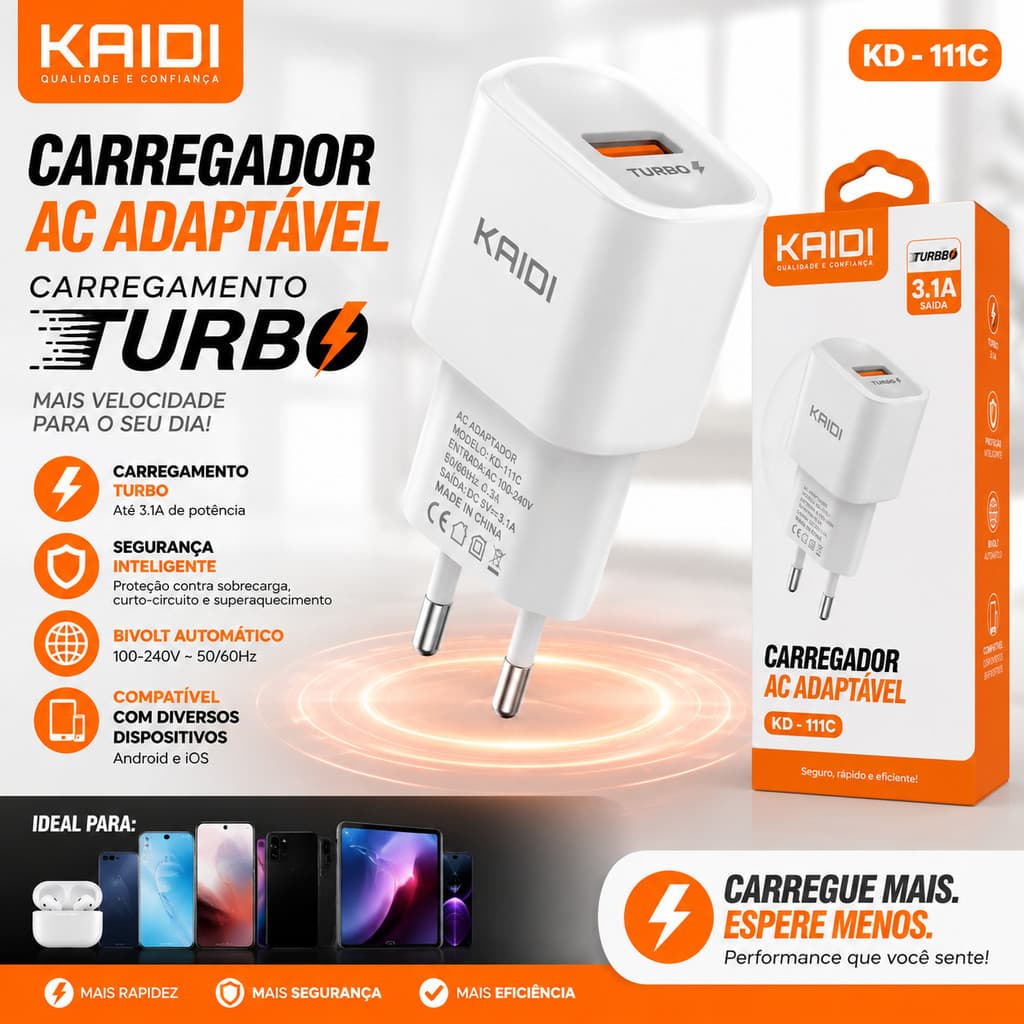 Carregador AC adaptavel Turbo Kaidi Kd-111C USB Cabo Tipo C