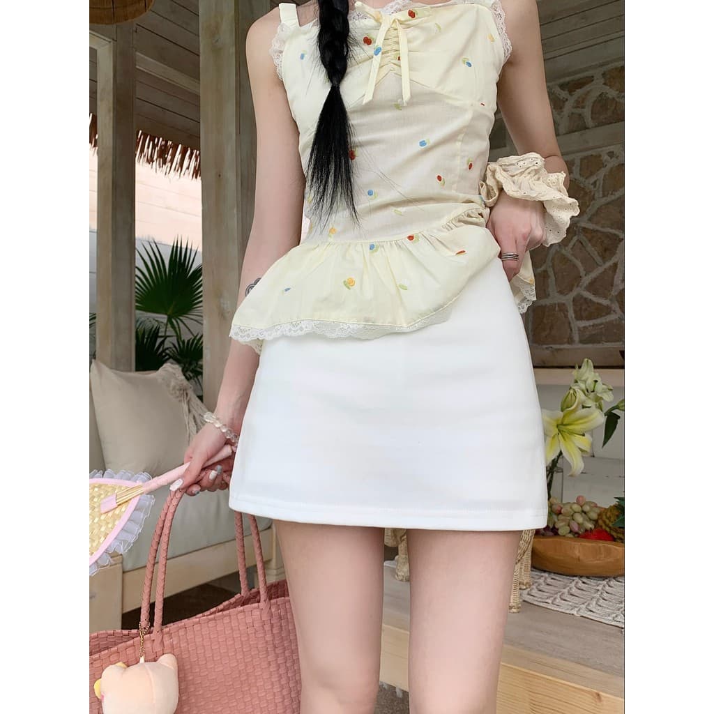 Doce quente menina saia branca saia curta saia feminina verão novo estilo cintura alta All-match Anti-reflexo Hip-embala