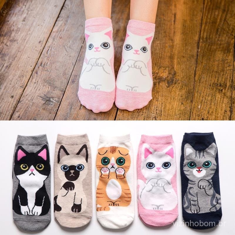 Meias femininas de primavera e verão com estampas de animais de estimação, meias curtas com estampa de gato fofo, meias