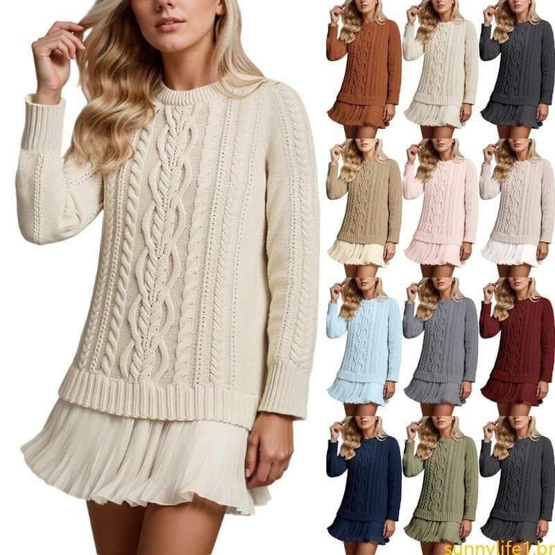 sun Inverno Outono Cor Sólida Vestido Malha Para Comprida Redonda Chiffon Emenda Uma