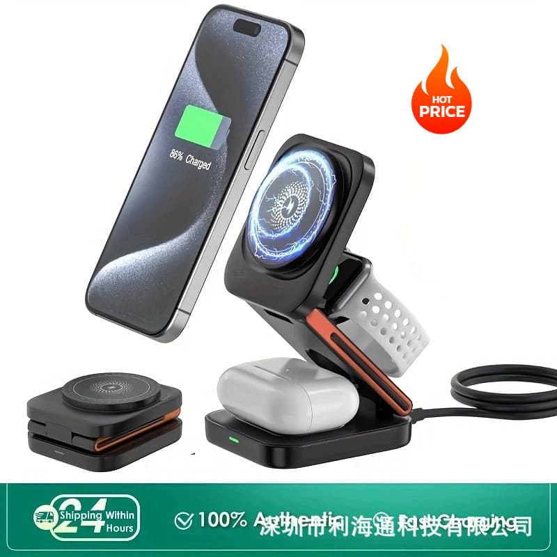 Novo produto multifuncional Desktop Vertical dobrável três em um carregador sem fio 15W suporte magnético do telefone mó
