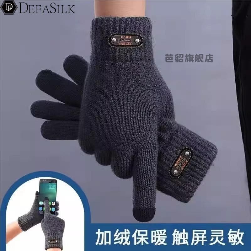 Luvas masculinas inverno engrossado tela de toque quente mais lã inverno à prova de frio ciclismo outono inverno tricô 2