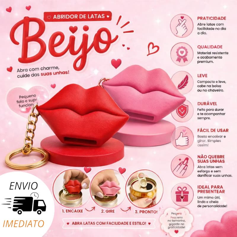 Kit/Uni Chaveiro Abridor de Latas Beijo | Prático e Portátil | Protege suas Unhas | Acessório Criativo | Presente