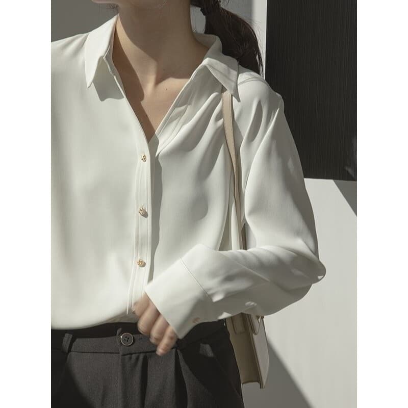 Primavera outono novo estilo versão coreana camisa de cetim feminina Design de manga comprida com decote em v Retro esti