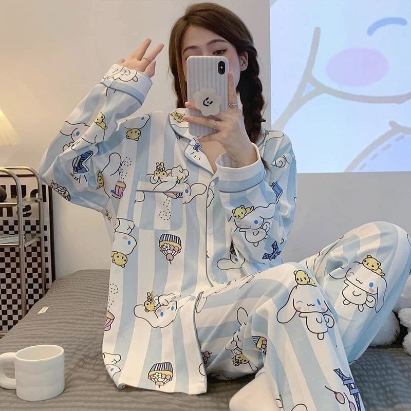 Versão Coreana Bonito Jade Cão Pijamas Feminino Novo Estudante Listra Manga Longa Exterior Casa Roupas Terno