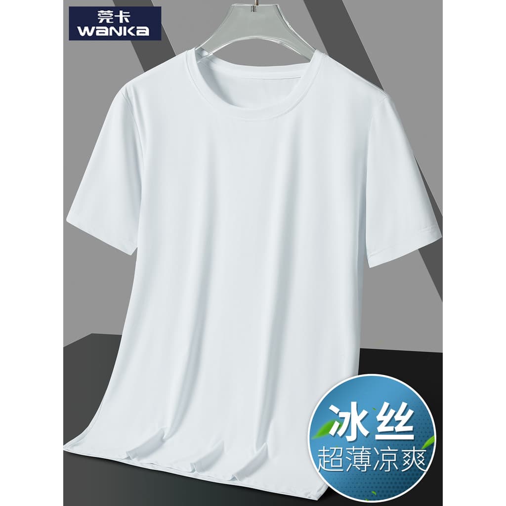Camiseta masculina de manga curta de seda gelo de cor sólida verão fina meia manga solta em torno do pescoço camisa de f