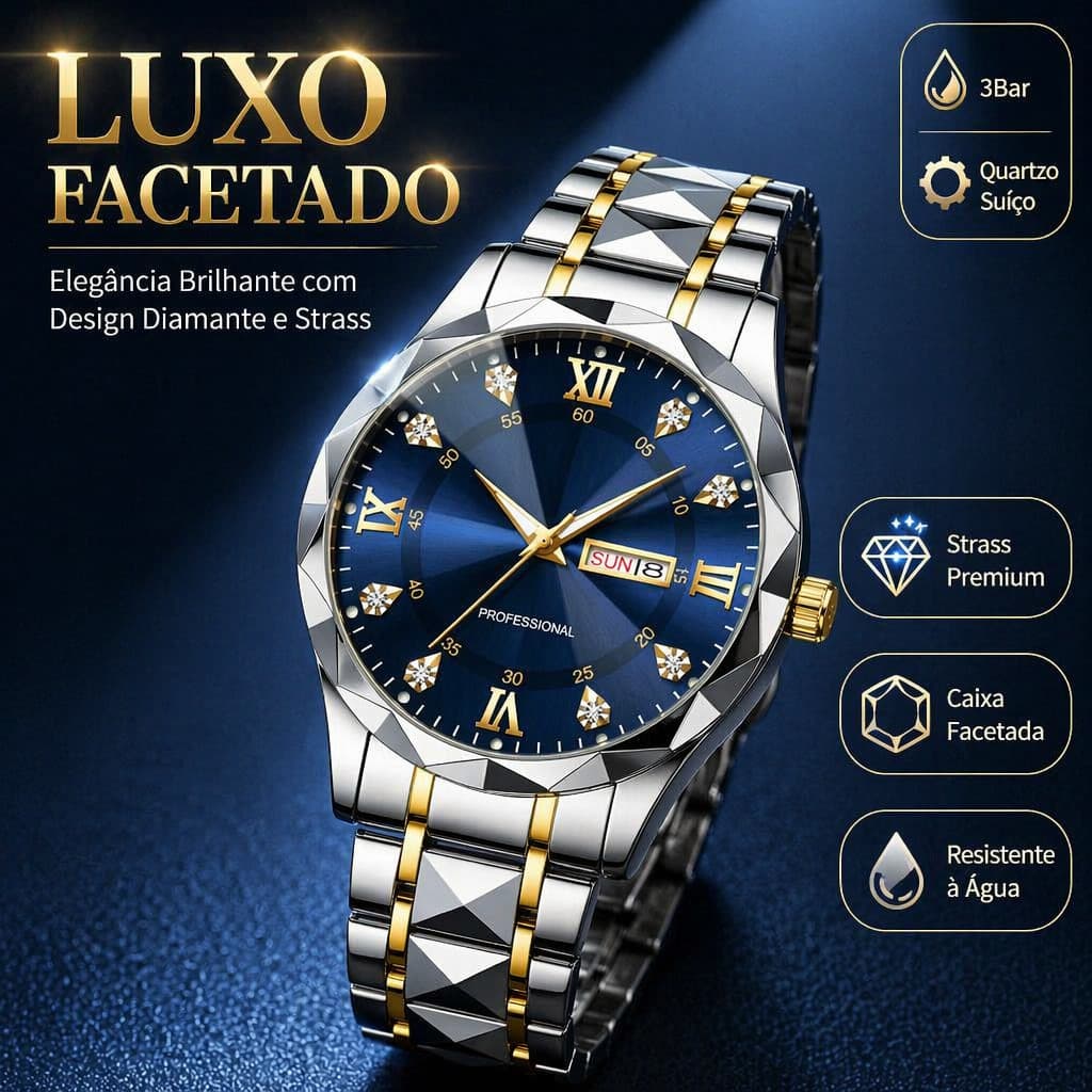 Relógio Masculino Luxo Quartzo Data Dia Strass Numerais Romanos Aço Inoxidável Resistente à Água 30 Metros Face