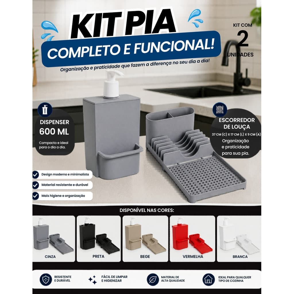 Kit Detergente Dispenser Escorredor de Louça Porta Esponja Organizador Pia Cozinha Compacto
