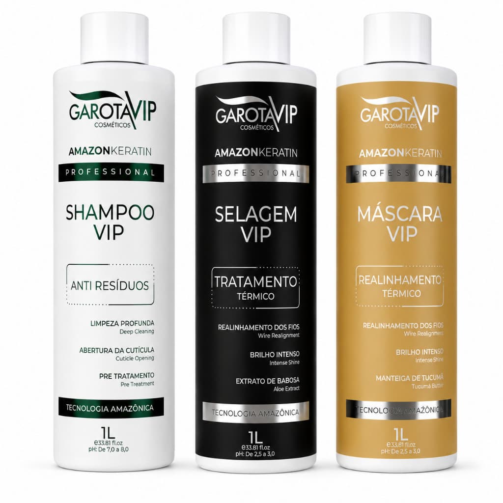 Kit Garota Vip Amazon Keratin 3 Passos 1L Shampoo Antirresíduos Máscara e Selagem