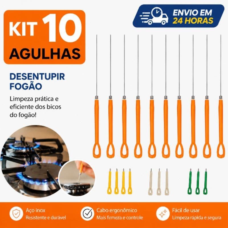 Kit 10 Agulhas Para Desentupir Boca de Fogão Forno Chamas chuveiro