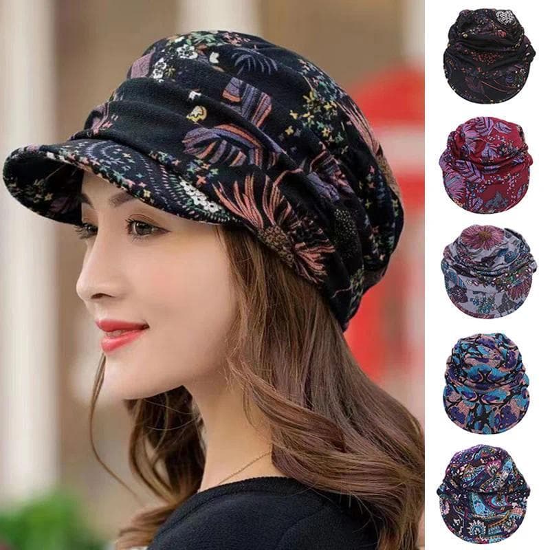 Novo Outono Feminino Boné De Pico Aba Curta Quente Dobrável Earflap Estilo Étnico Floral Impressão Chapéu De Inverno Rou