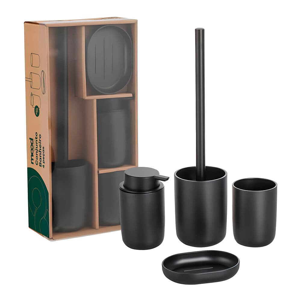 Kit Banheiro 4 Peças Completo – Dispenser, Porta Escovas, Bandeja e Escova Sanitária