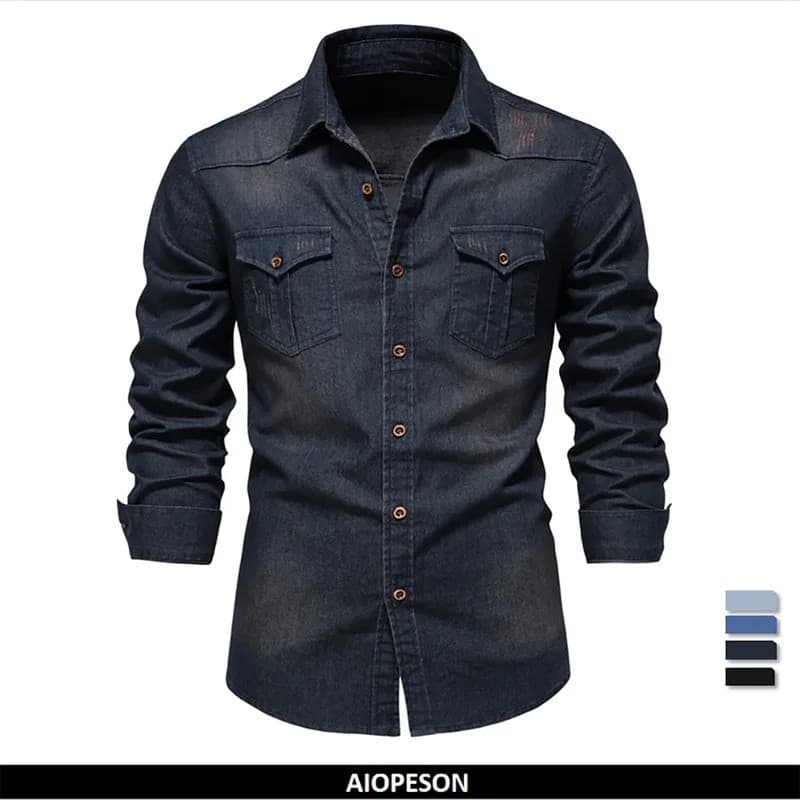 Camisa de Denim Elástica de Algodão da Marca AIOPESON para Homens, Manga Longa, Camisas de Cowboy de Qualidade para Home