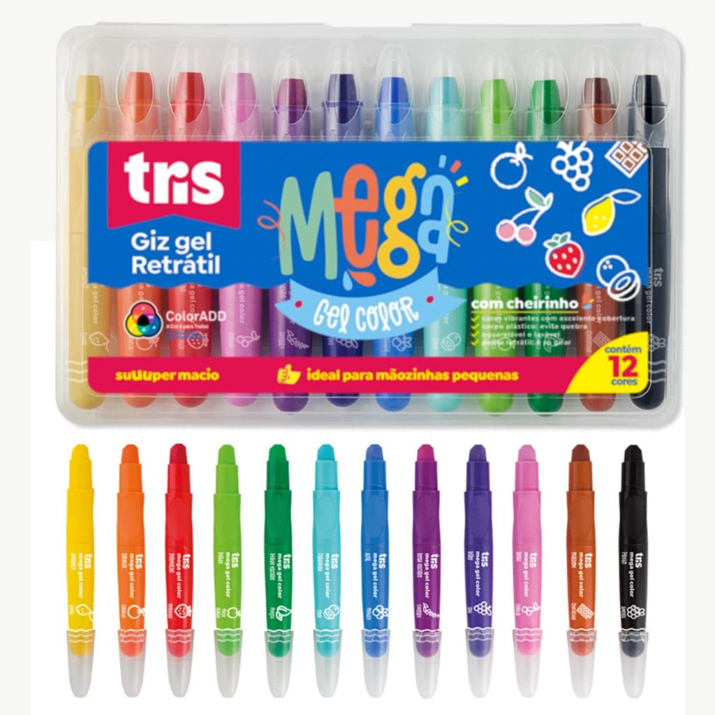 Giz Retrátil Mega Gel Color Tris - 12 Cores - Com Cheirinho