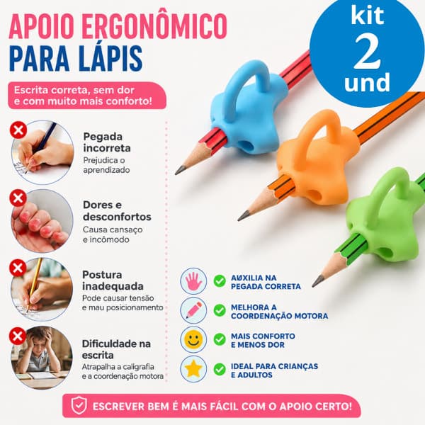 kit 2 und Adaptador Ergonômico para Lápis e Caneta Infantil em Silicone Auxilia Escrita Coordenação