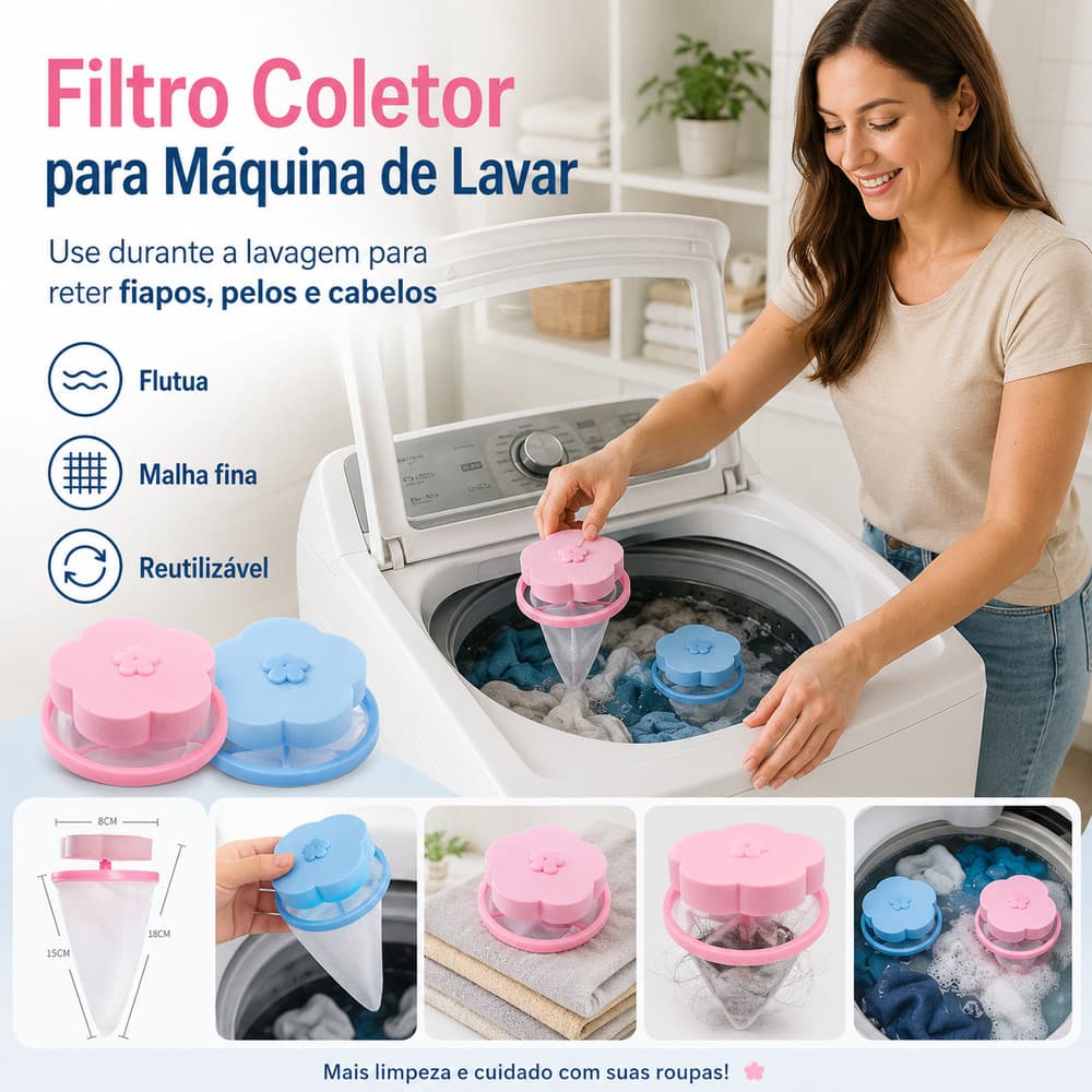 Filtro Coletor de Fiapos, Pelos e Cabelos Máquina de Lavar