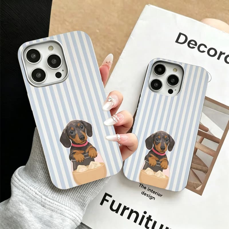 Antiderrapante fosco Capinha para iPhone 17/16/15/14/13/12 Pro Max capa de celular de couro com filhote de Dachshund