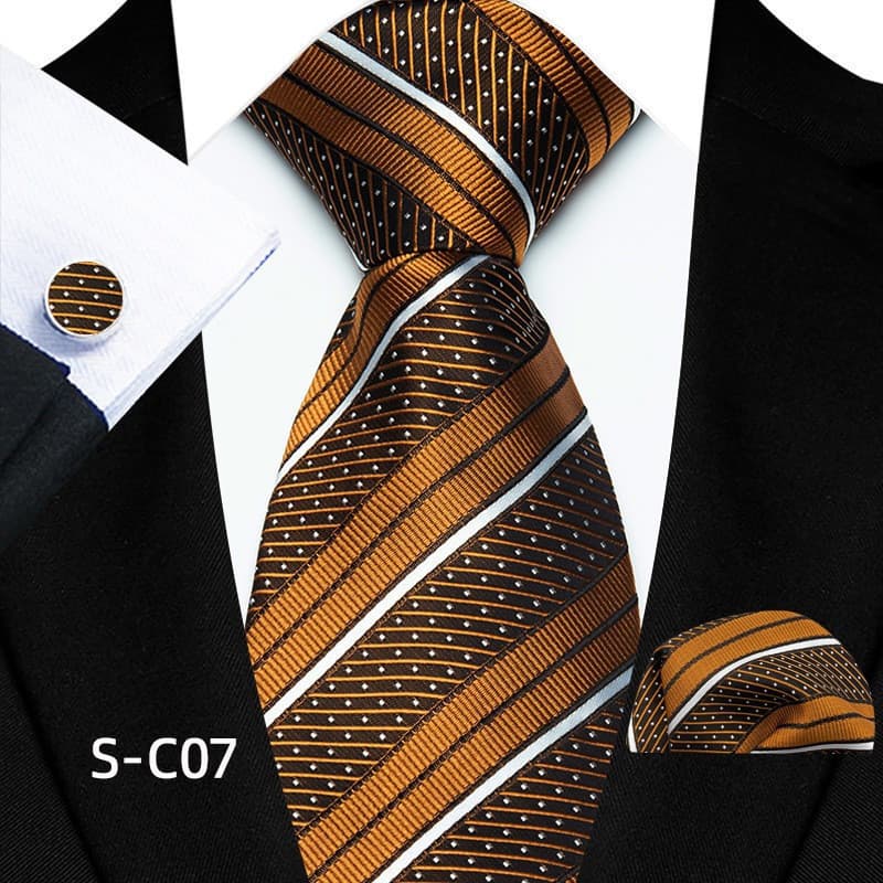 Mais Novo Designer 8CM Conjunto De Gravata De Seda Para Homens Ouro Preto Verde Listrado Lenço Abotoaduras Conjuntos Fes