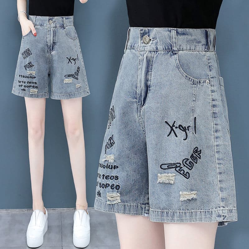 Shorts jeans de cintura alta para mulheres, estilo fino de verão, rasgados, novos shorts largos de perna larga, shorts d