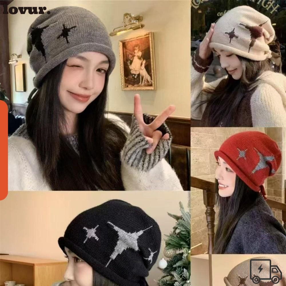 Gorro de Lã Tricotado LOVUR, Gorro com Cordão e Padrão de Estrelas, Resistente ao Vento e ao Frio ADXC
