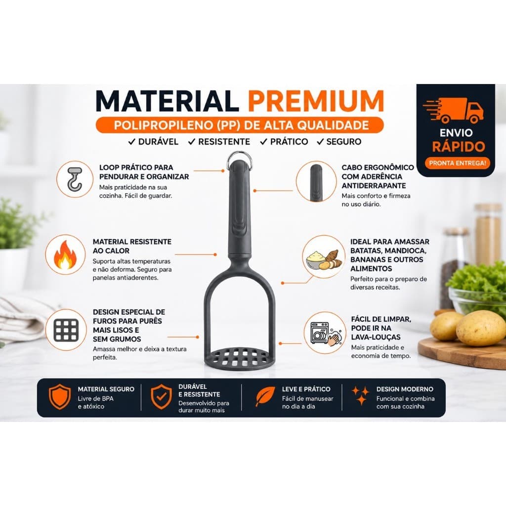Amassador Espremedor De Batatas E Mandioca Em Plástico Resistente Ao Calor - Não Risca Panela - Fácil De Limpar