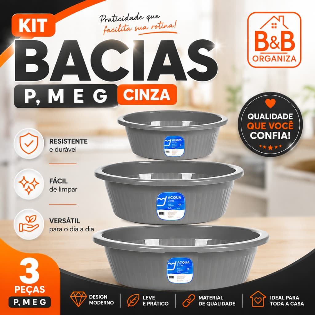 Kit 3 Bacias Caneladas Plásticas P M G Empilháveis Resistentes Cozinha Lavanderia Multiuso