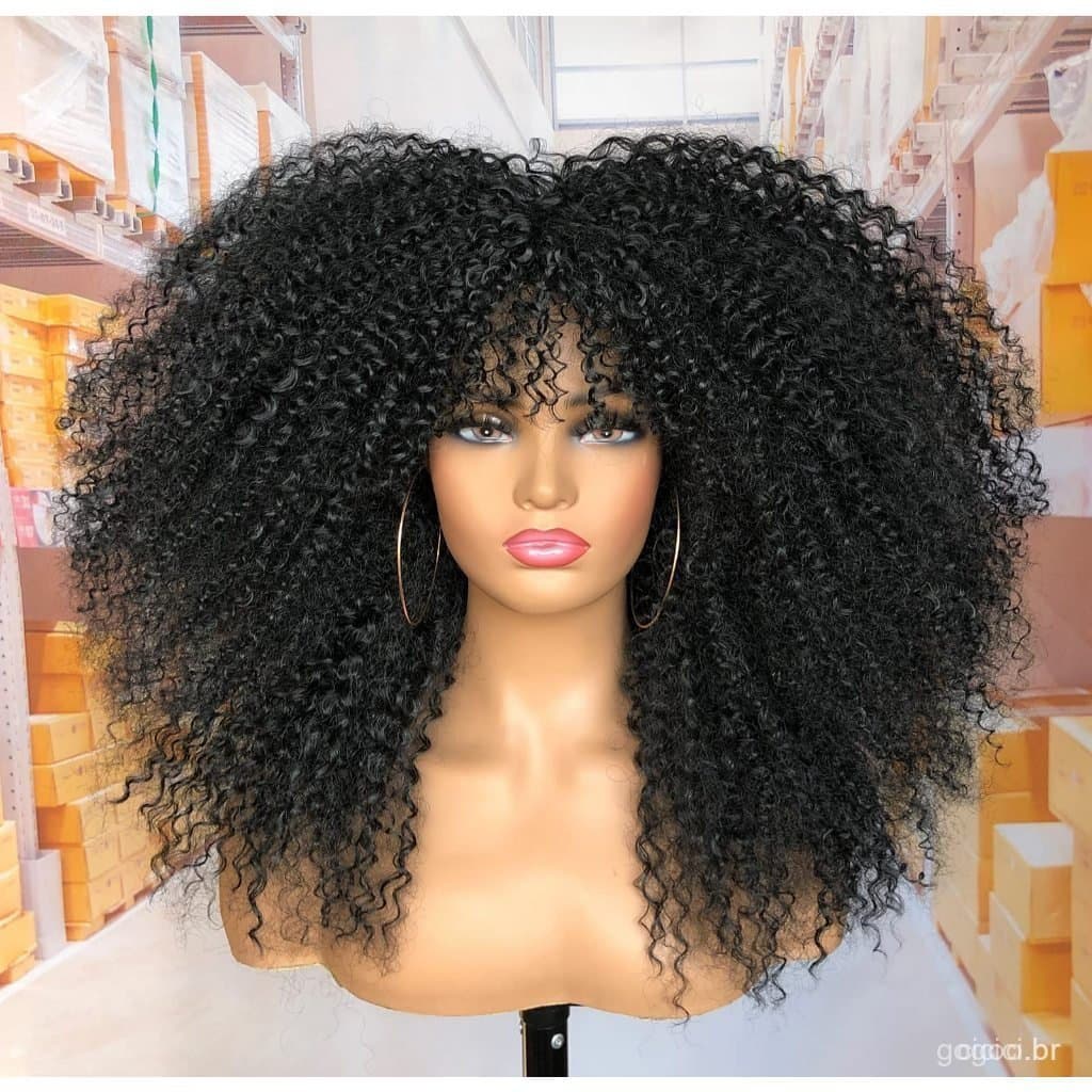 Peruca Feminina de Cabelo Cacheado, Cabelo Afro Cacheado Longo Preto Orgânico com Franja O5GR 240I