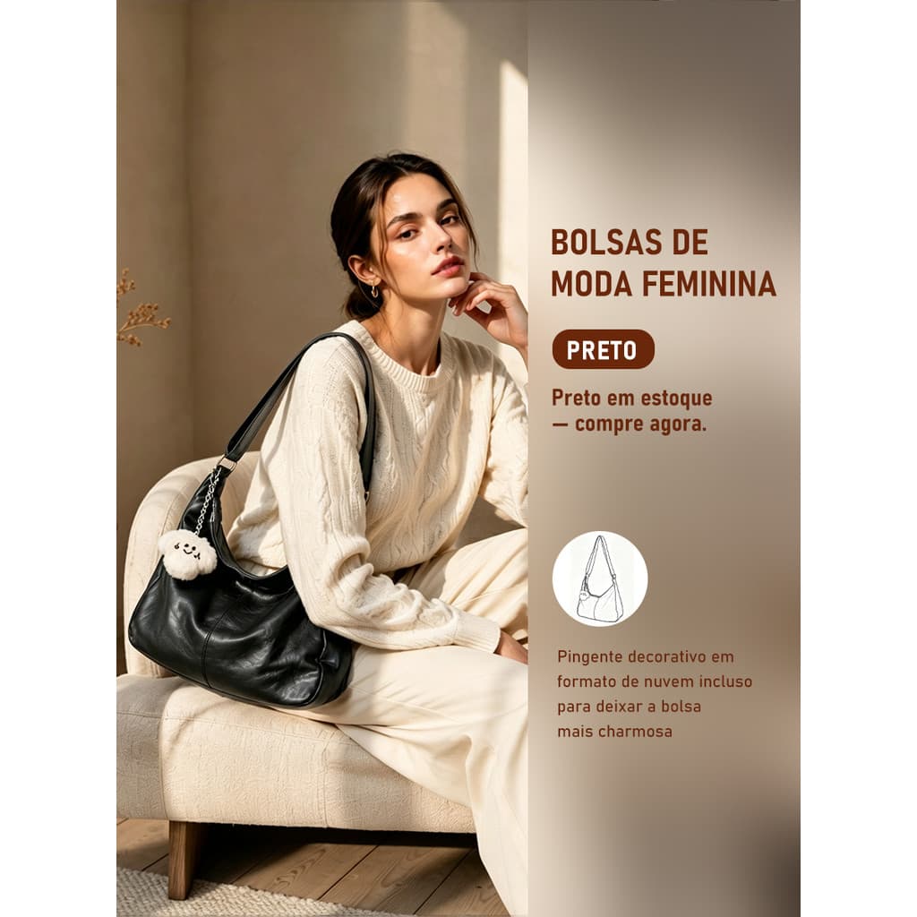 JAMI JAMI Bolsa de Ombro Feminina Estilo Hobo Grande Capacidade com Compartimento Principal e Alça Longa Ajustável  5958