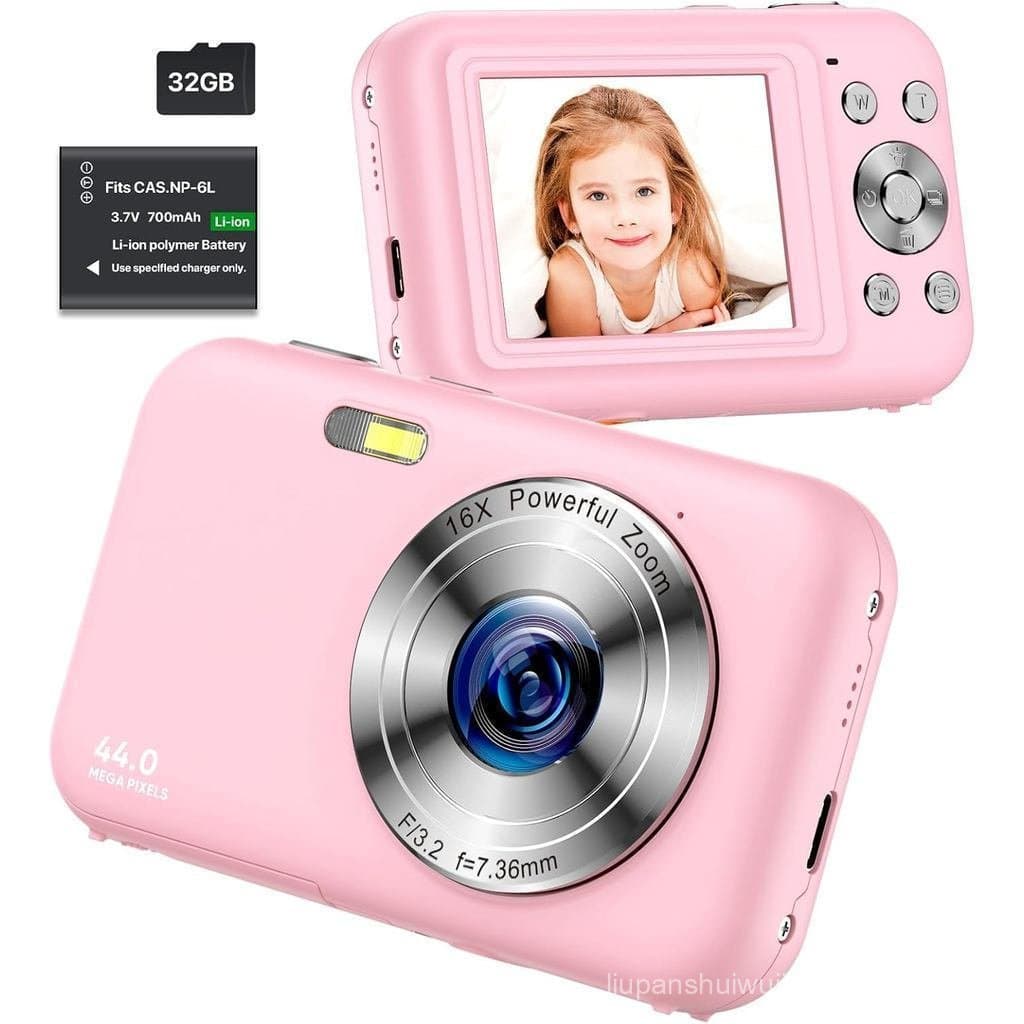 Câmera infantil rosa - Full HD 1080P, cartão de memória de 32GB, zoom de 16x, compacta e portátil