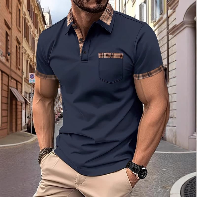 Camisa polo de manga curta novo estilo cor combinando lapela masculina camisa polo de manga curta