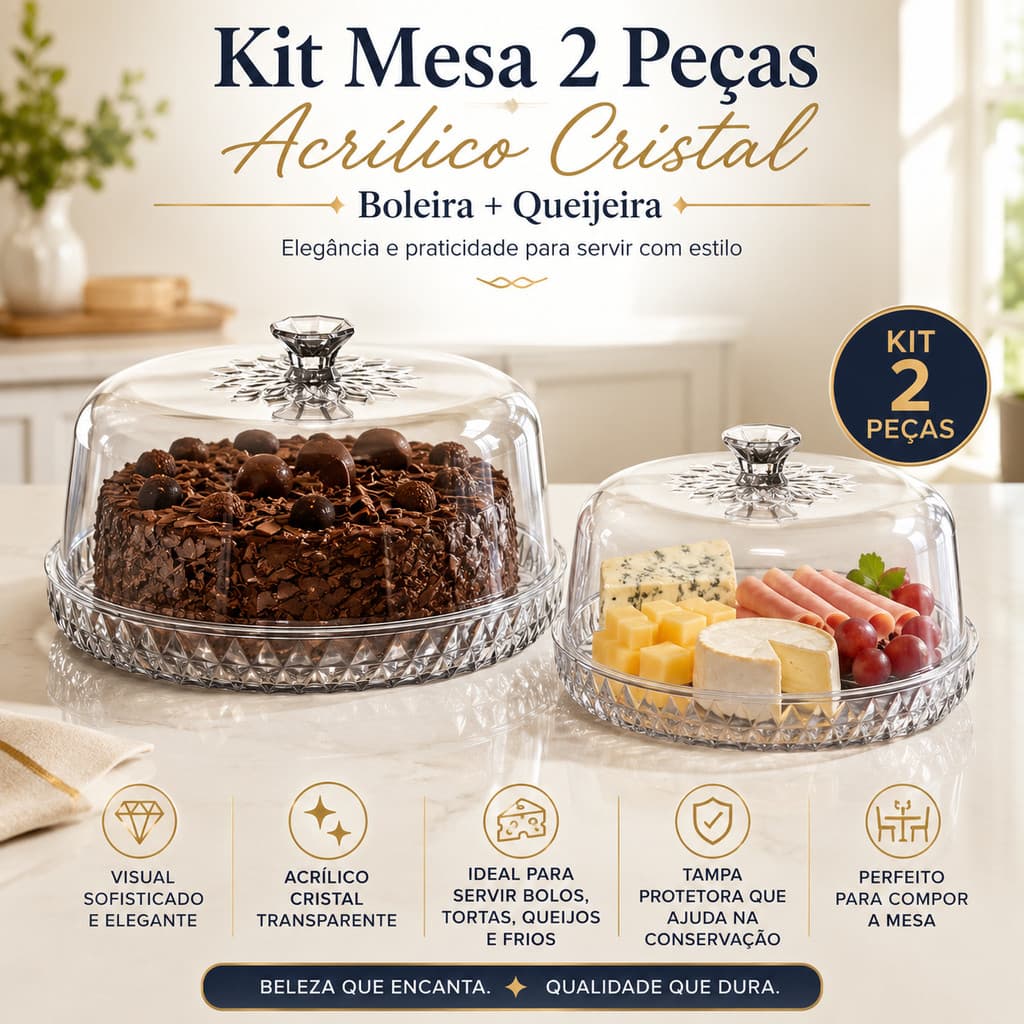 Kit Mesa 2 Peças Boleira e Queijeira em Acrílico Cristal Transparente com Tampa Sem Pé Bolos e Queijos