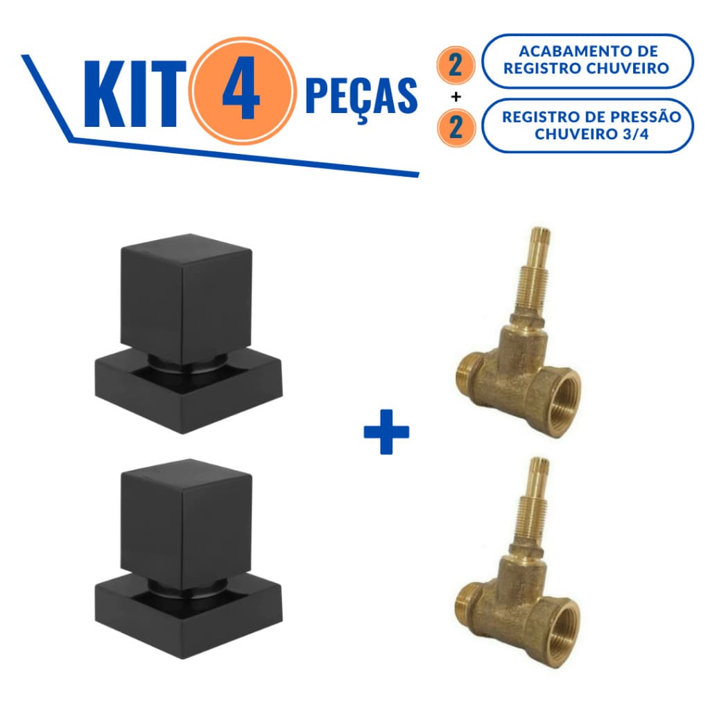 kit 02 Registro de Pressão 3/4 Padrão Deca + 2 Acabamento  Quadrado PRETO FOSCO