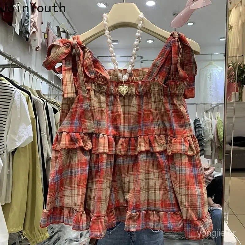 Blusa Feminina 2025 Moda com Babados, Blusas de Mulher, Gola Quadrada, Sem Mangas, Camisas Xadrez, Pregas com Faixa, Blu