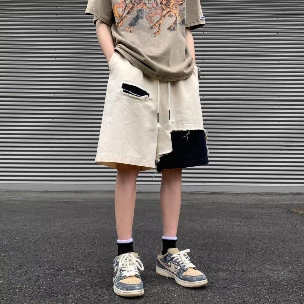 Shorts jeans rasgados masculinos, roupa de rua solta, japonesa, Casual, americana, retrô, calças de cinco pontos, menino