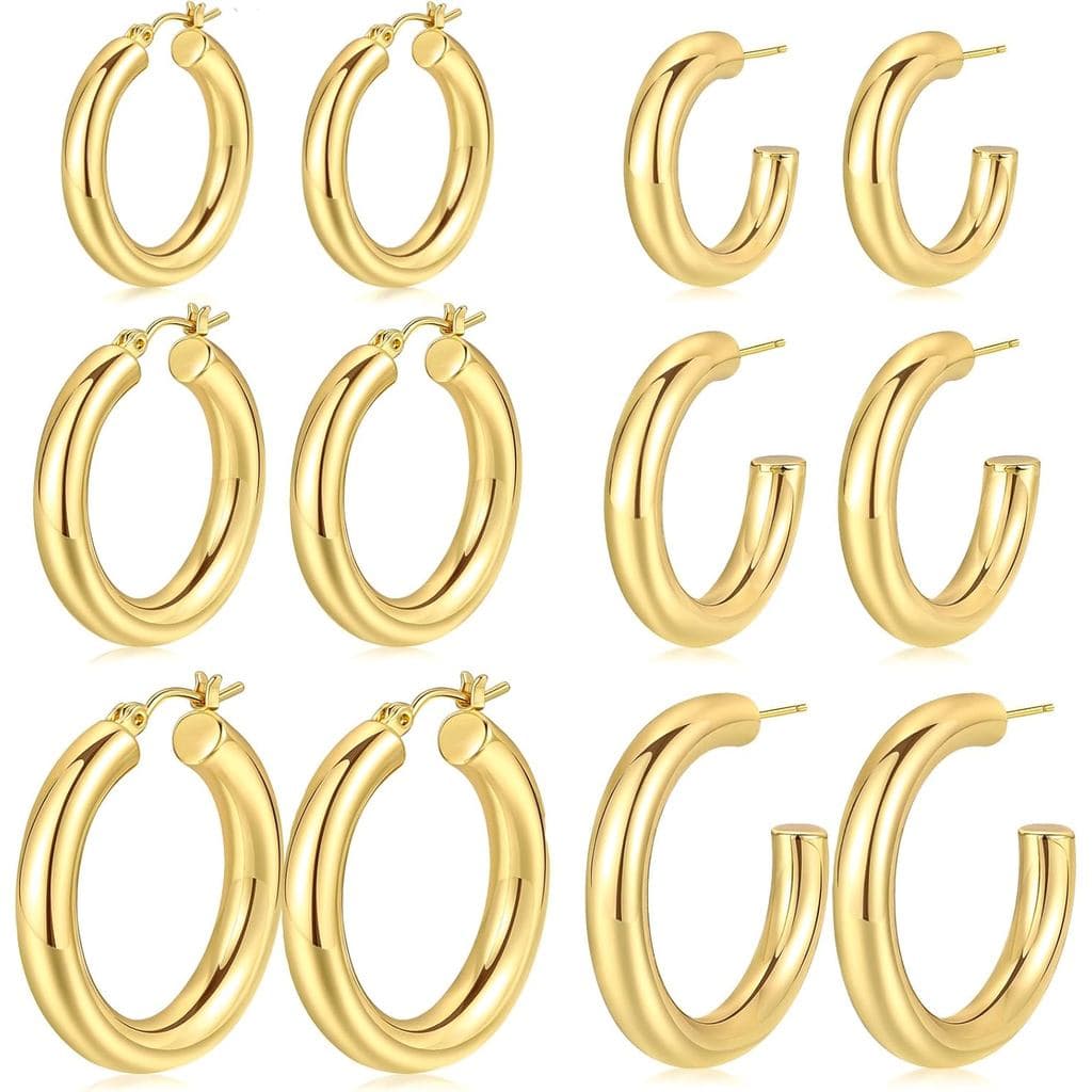 Conjunto de 6 Pares de Brincos de Argola Dourados Simples para Mulheres, Modernos, Banhados a Ouro 14K, Argolas Tubulare
